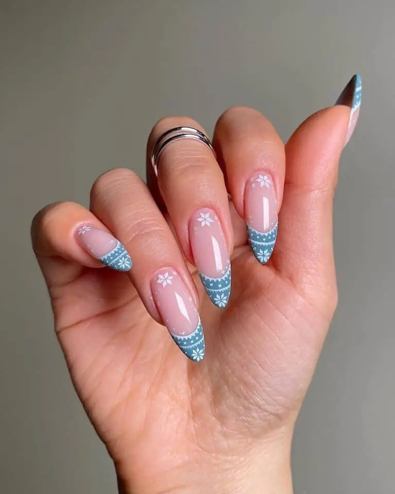 Blue and White Sweater Nails with Snowflake Patterns