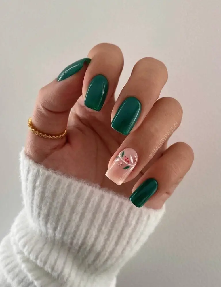 Green Manicure with Winter Botanical Nail Art