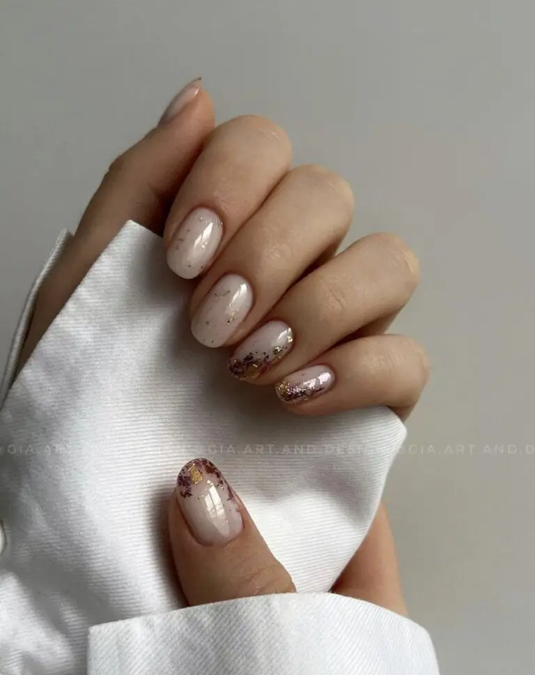 Milky White Nails with Pink and Gold Flakes