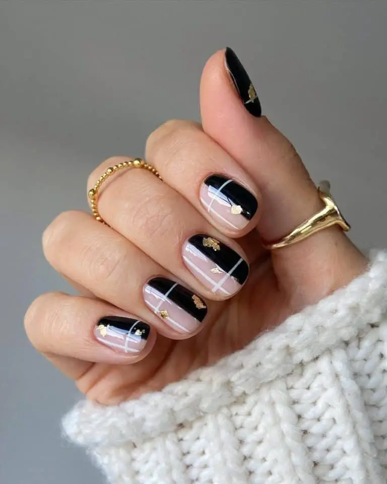 Black and White Plaid Nails with Gold Details