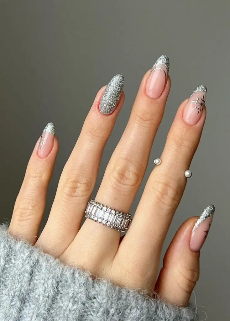 Silver French Tips with Delicate Snowflake Accents