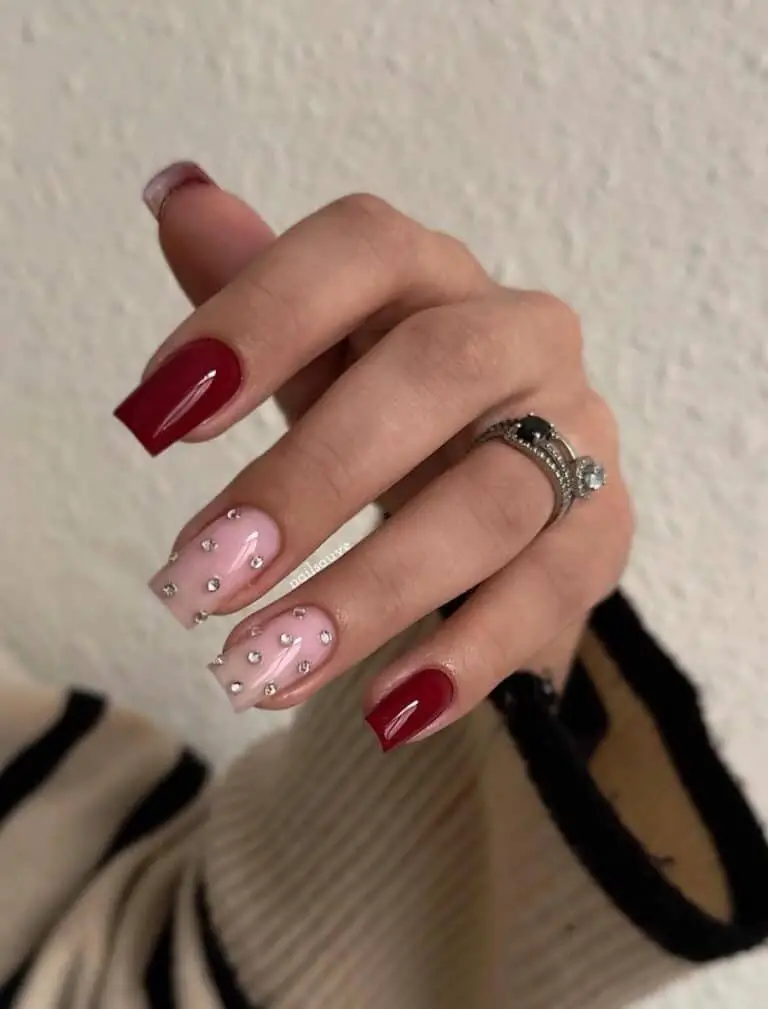 Red Nail Polish with Crystal Embellished Accent Nails