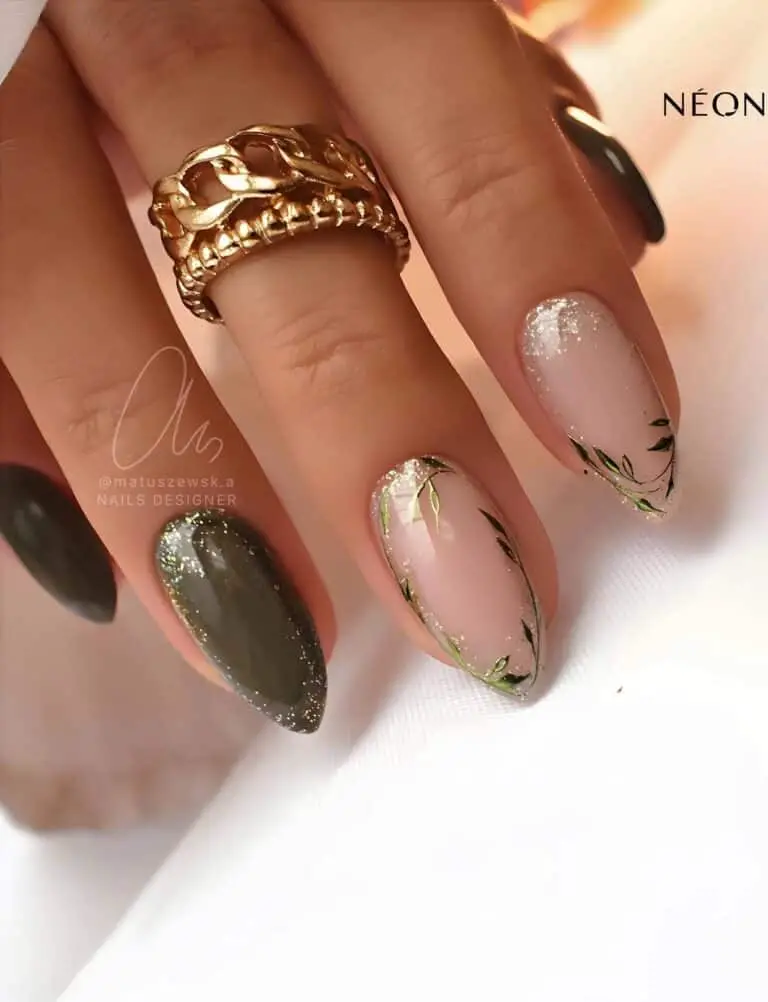 Deep Green and Gold Glitter with Leaf Nail Art