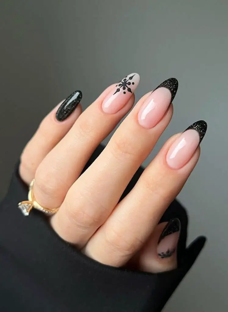 Glittery Black French Manicures with Snowflake Accents