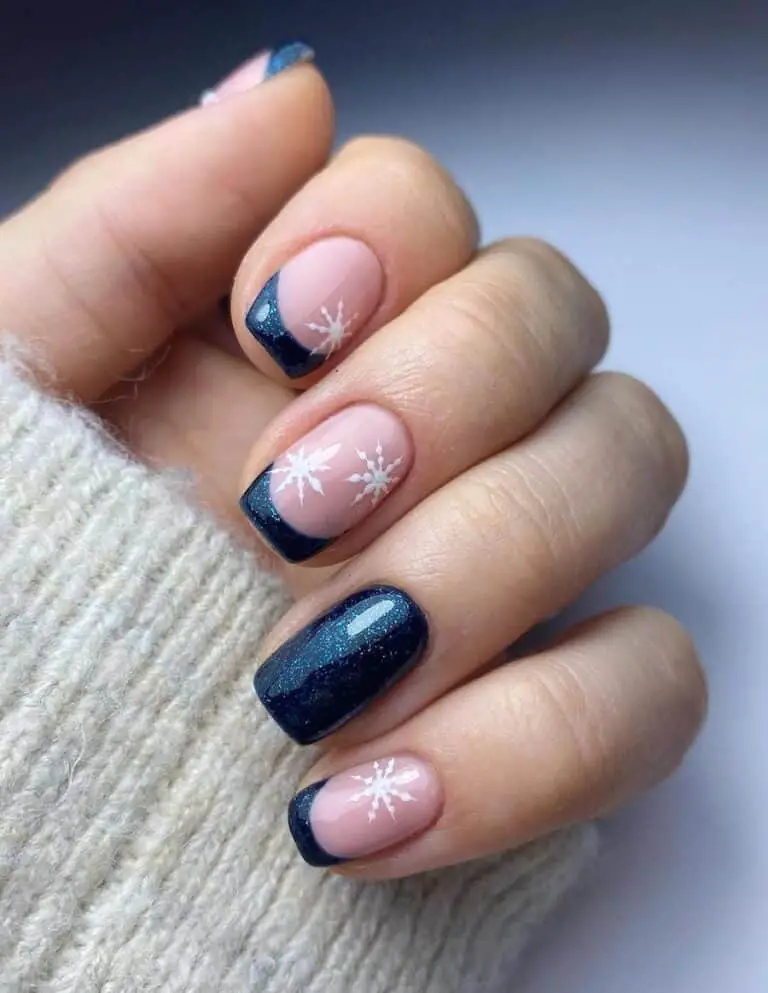 Navy Glitter French Tips with Delicate Snowflakes for Elegance