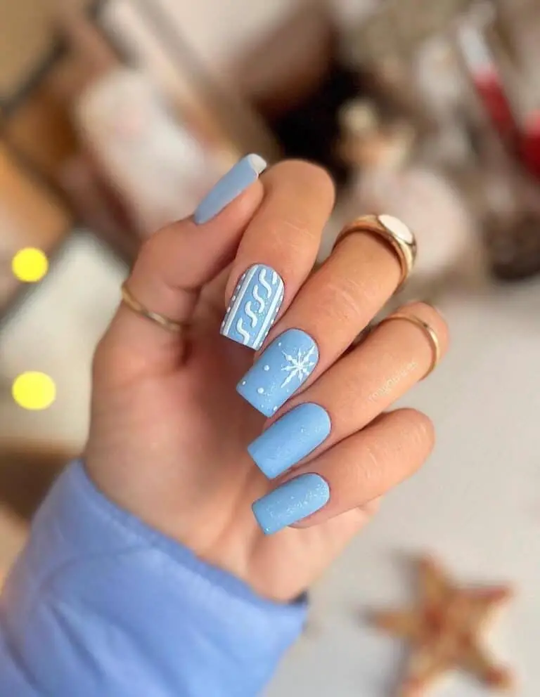 Matte Blue Nails Enhanced with Elegant White Accents