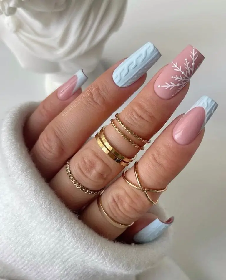 Blue Sweater Nails with a Delicate Snowflake Accent