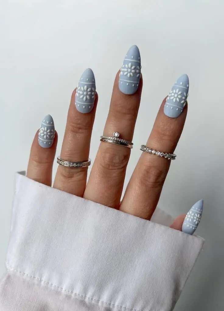 Matte Blue Nails with Exquisite Snowflake Nail Art