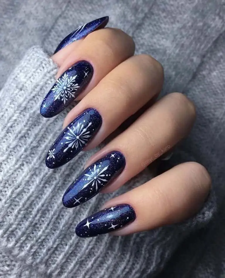 Dark Blue Glitter Nails featuring Exquisite Snowflake Art