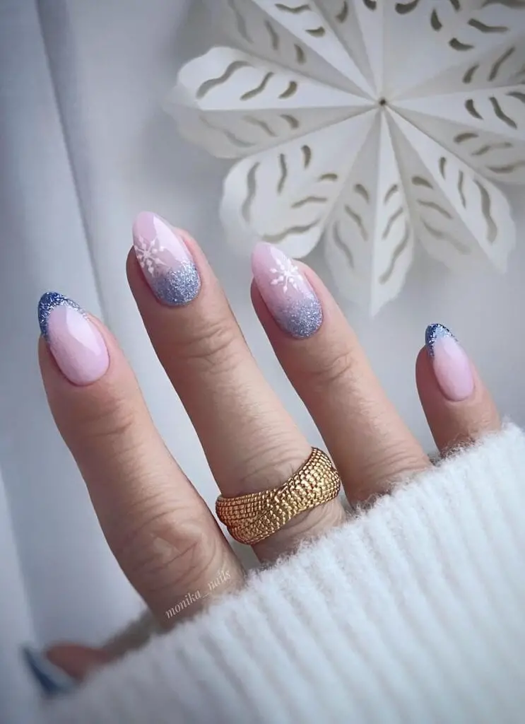 Reverse French Tips with Intricate Snowflake Details