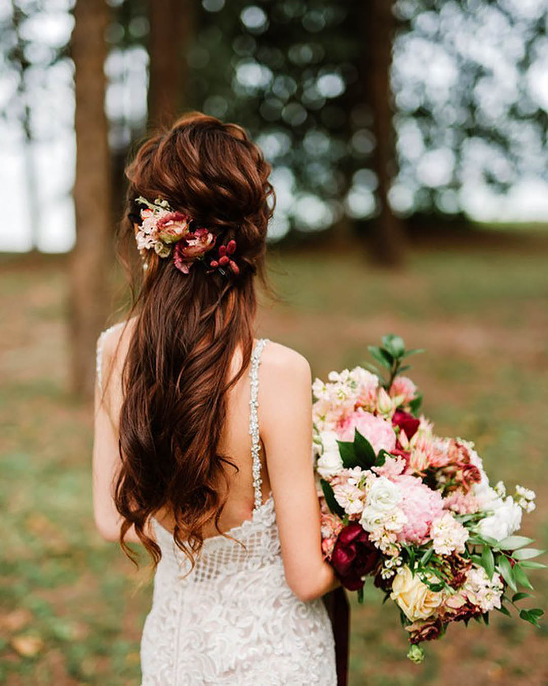 boho wedding hairstyles half up with flowers christinechiamakeup