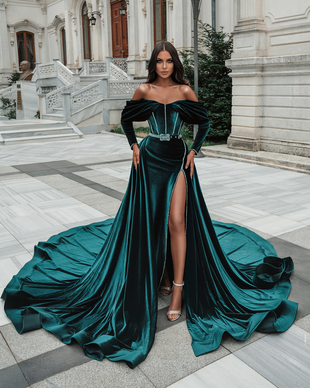 colourful wedding dresses green velvet off the shoulder long sleeves saidmhamad