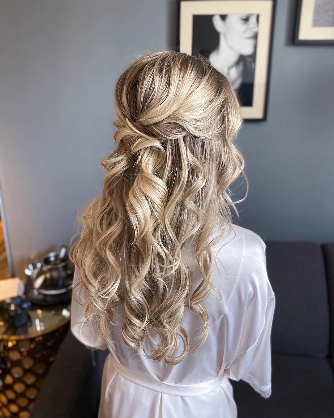 winter wedding hairstyles half up blond curly slmakeupandhair