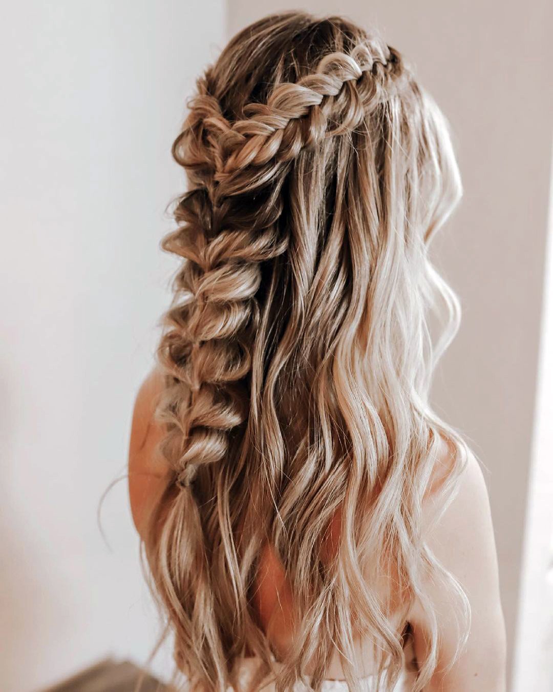 boho wedding hairstyles half up half down on long hair with braids rebecca.murphy.beauty