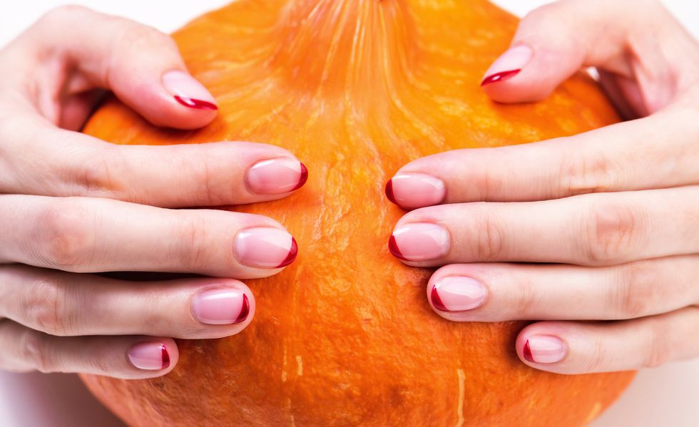 Neutral Nails with Red Tips: Subtle Thanksgiving Elegance