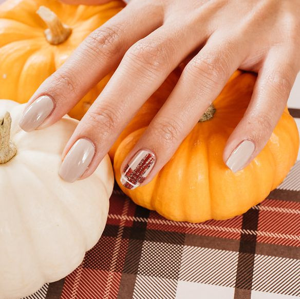 Nude Nails with Chic Plaid Accent - Thanksgiving Nail Inspiration