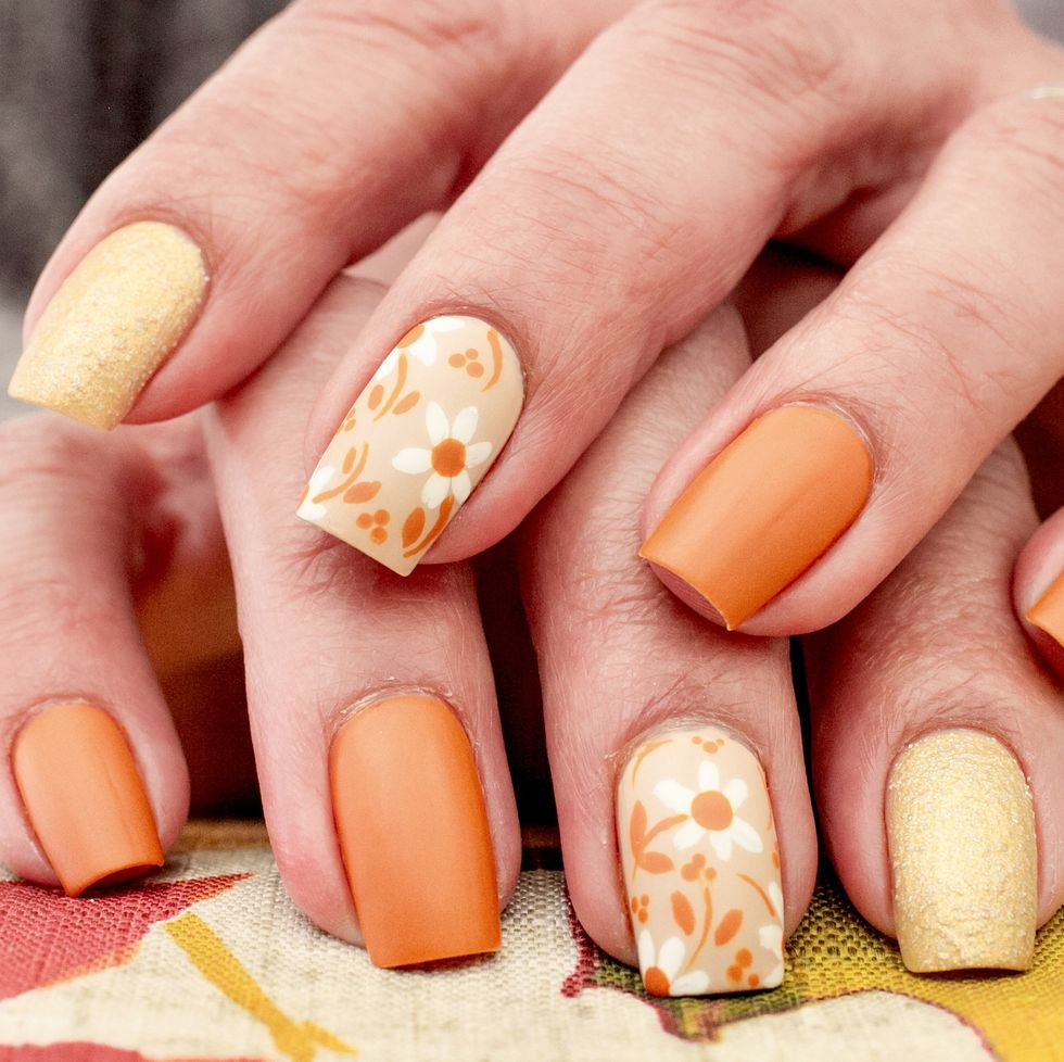 Orange and Gold Floral Nails: A Fusion of Colors