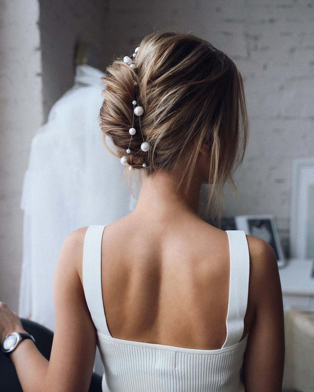 boho wedding hairstyles elegant swept bun with pearls tonyastylist