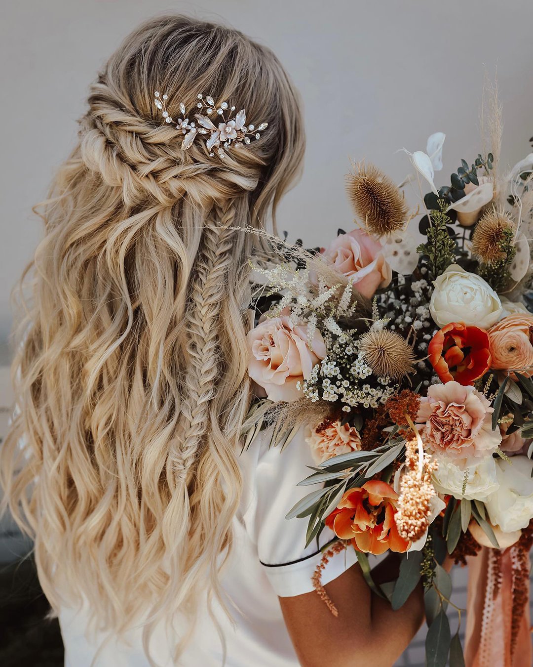 boho wedding hairstyles curly half up on long hair with swept crown rebecca.murphy.beauty