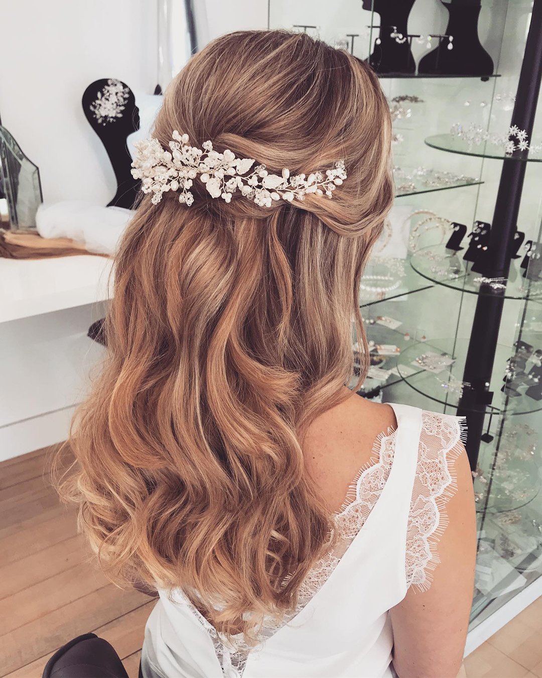 boho wedding hairstyles half up elegant curls and white wine botiashairandmakeup