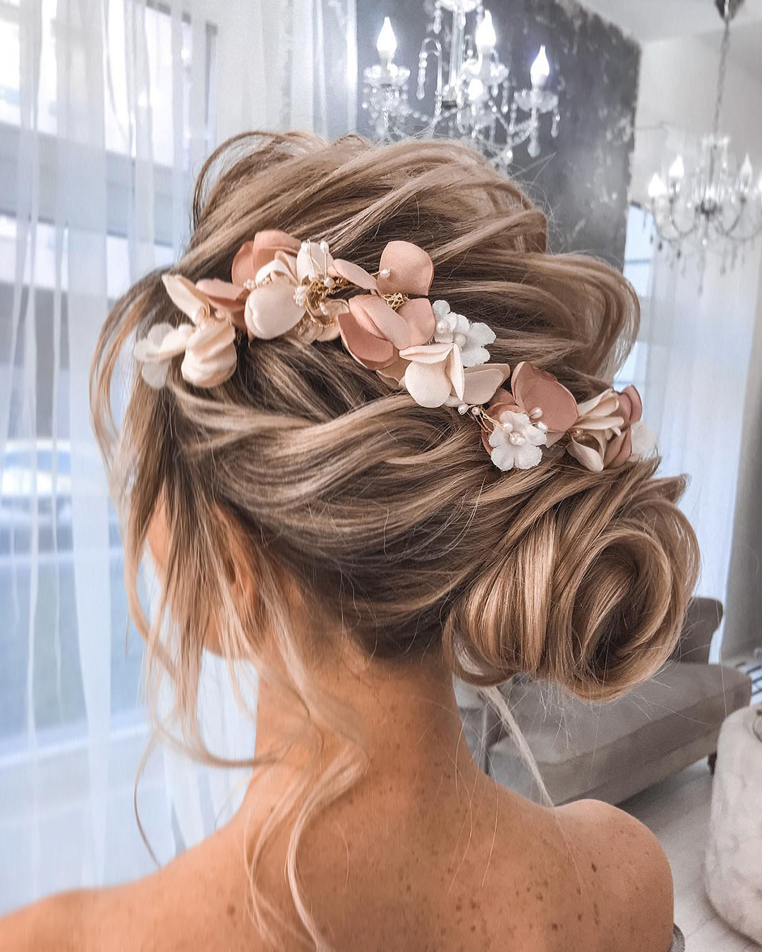 boho wedding hairstyles creative textured updo with pink flowers tatistylespb