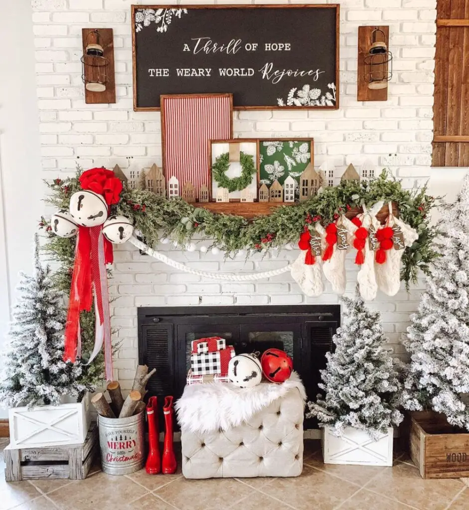 Enhance Your Mantel: Christmas Garland with Large Bells and DIY Sign
