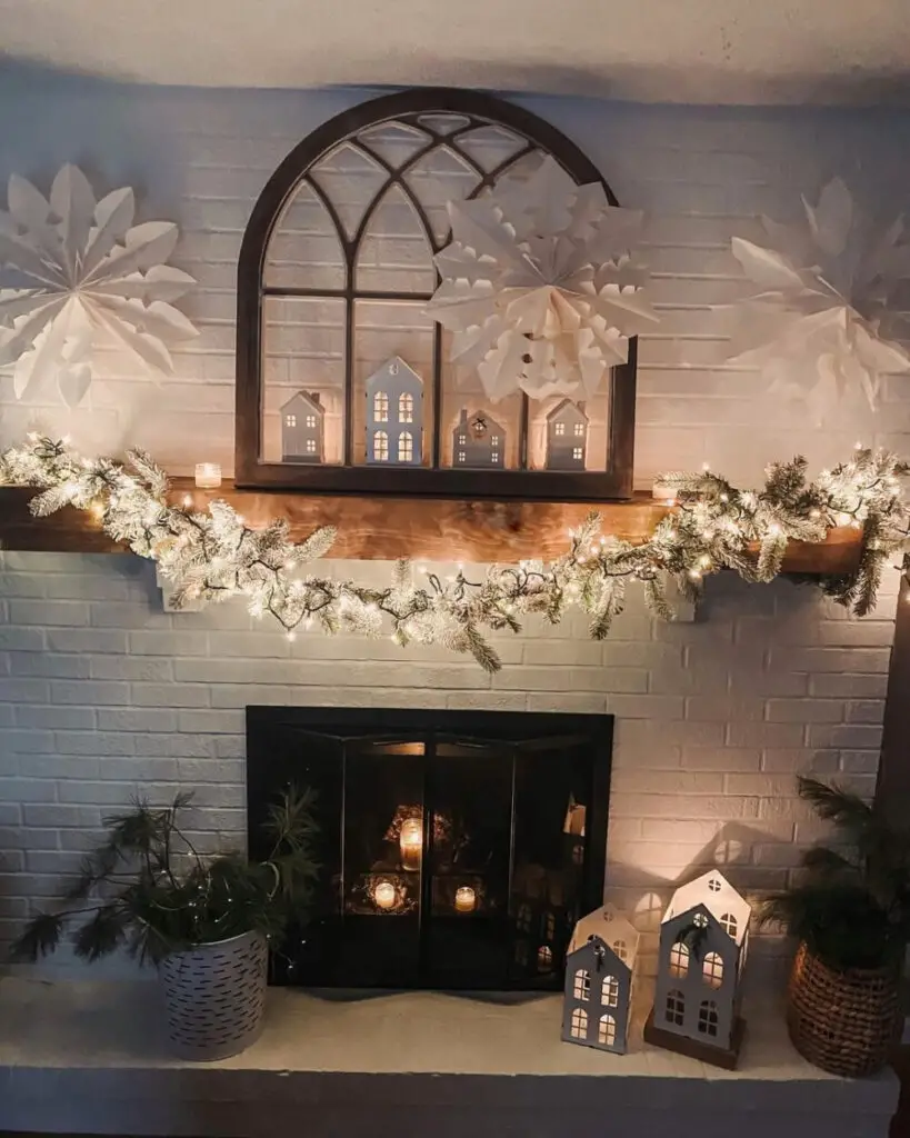 Cozy Ambiance: Christmas Mantel with Snowflakes and Candles