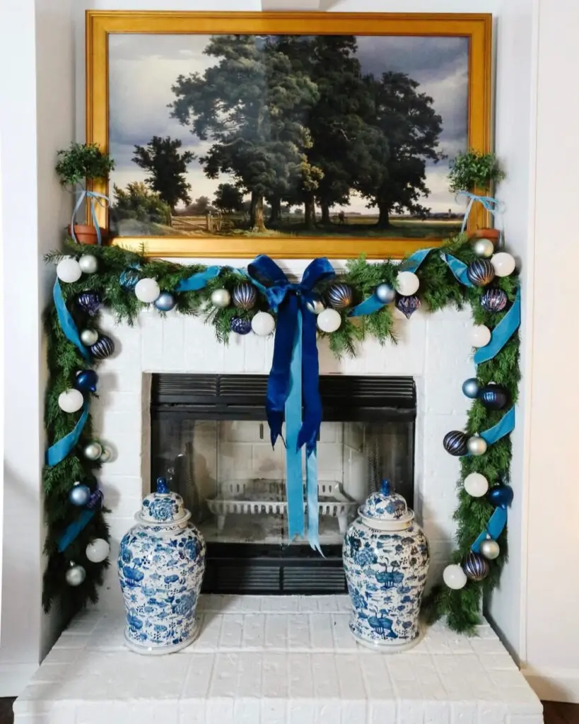 Serene Elegance: Blue and White Christmas Mantel Decor Ideas