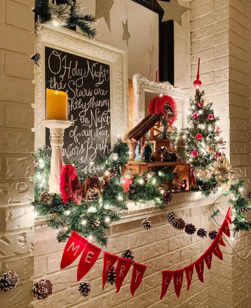 Festive Harmony: Colorful Mantel with Nativity Scene