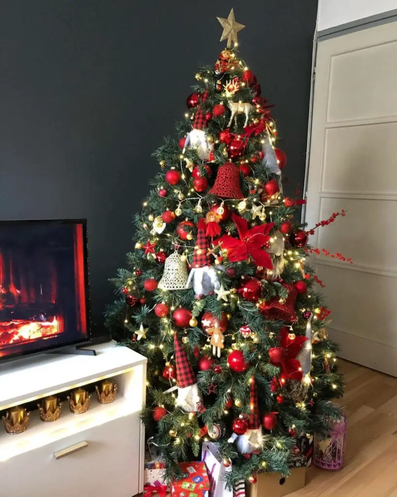 Enchanting Elves: Red and Gold Christmas Tree Ideas with Gnome Accents