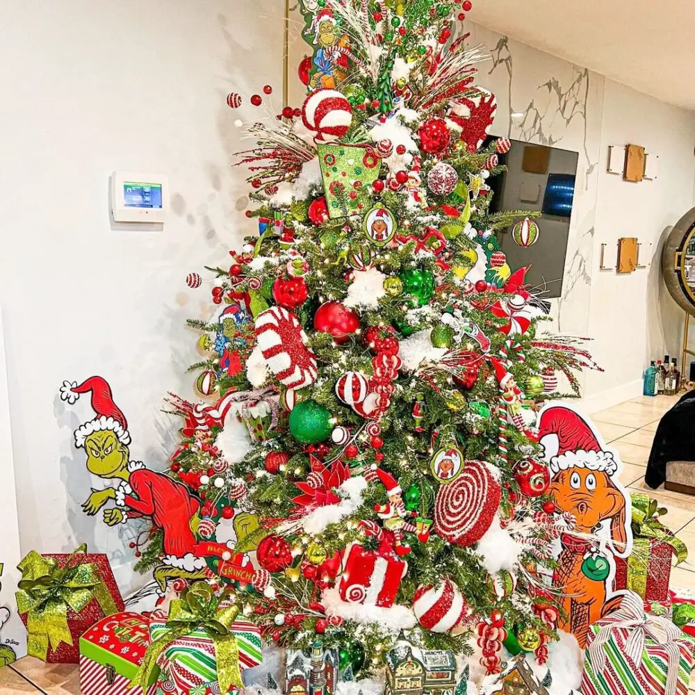 Whimsical Whoville: Red and Green Grinch-Themed Christmas Tree Ideas