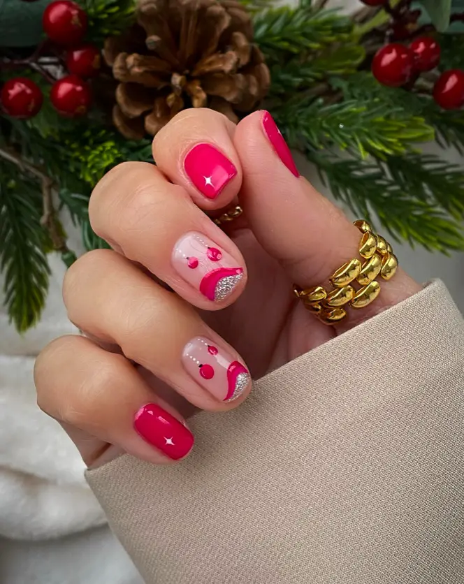 Pink Christmas Nail Designs: 7) Christmas Baubles: More Bling, Less Ding-a-Ling