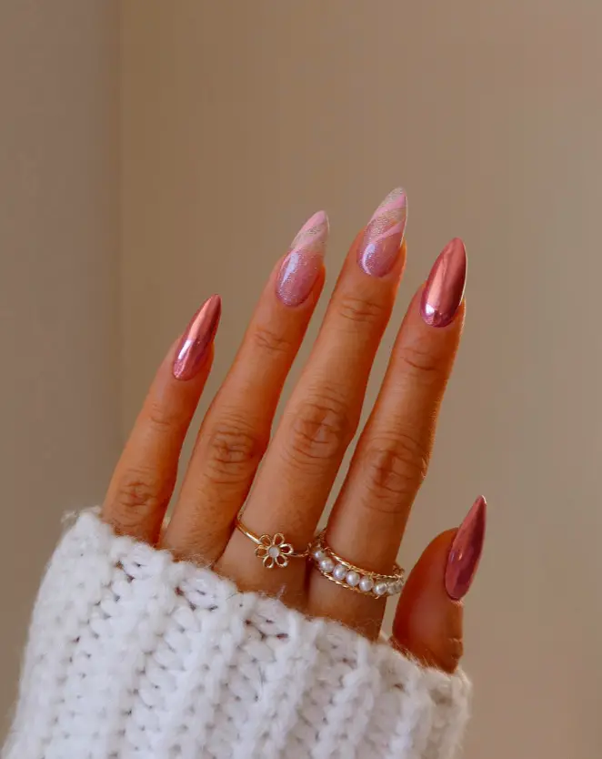 Pink Christmas Nail Designs: 13) Glitter & Chrome: The Power Duo