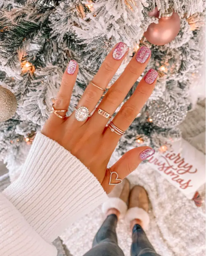 Pink Christmas Nail Designs: 14) Dripping in Sparkle: More Glitter, Less Bitter