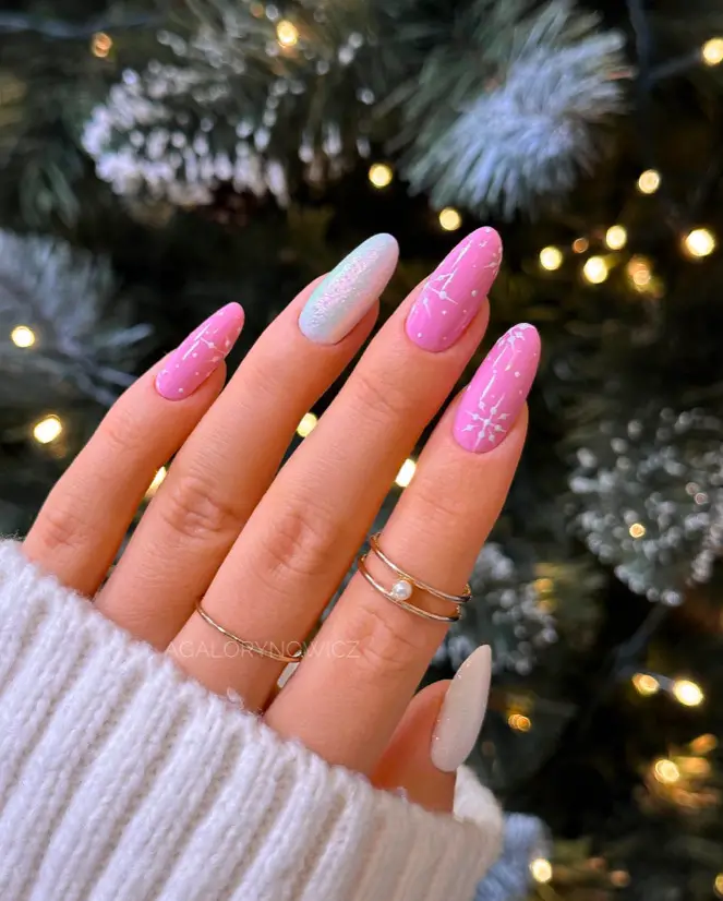 Pink Christmas Nail Designs: 17) Pink Snow: Let It Snow in Style