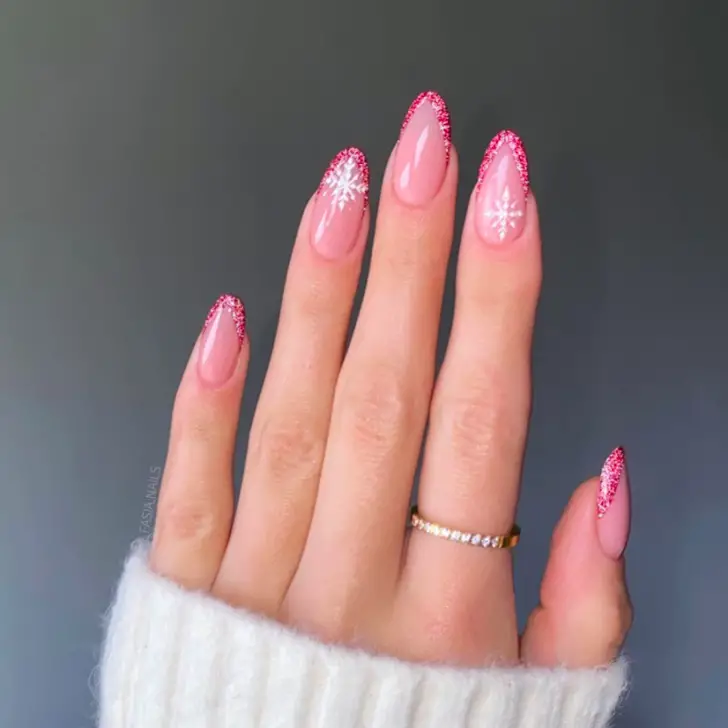 Pink Christmas Nail Designs: 19) Sparkling Tips: Tips That Outshine the Rest