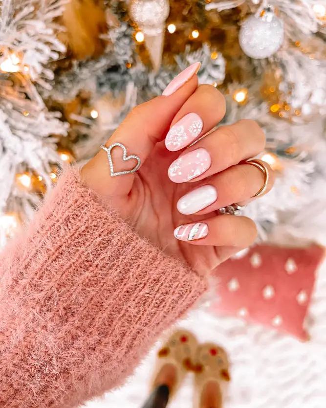 Pink Christmas Nail Designs: 25) Candy Snowflakes: Sweet and Snowy