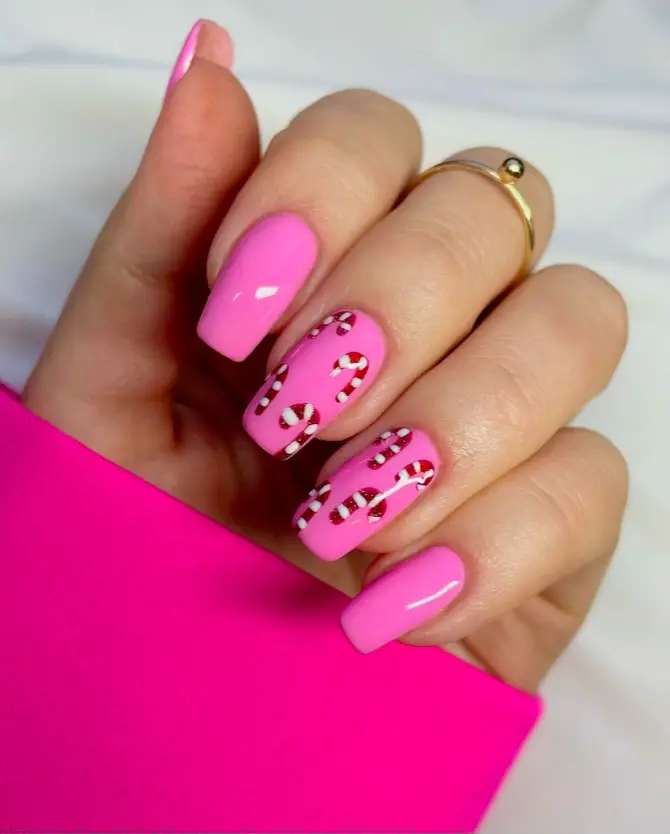 Pink Christmas Nail Designs: 27) Hot Pink Candy Canes: Sassy and Sweet