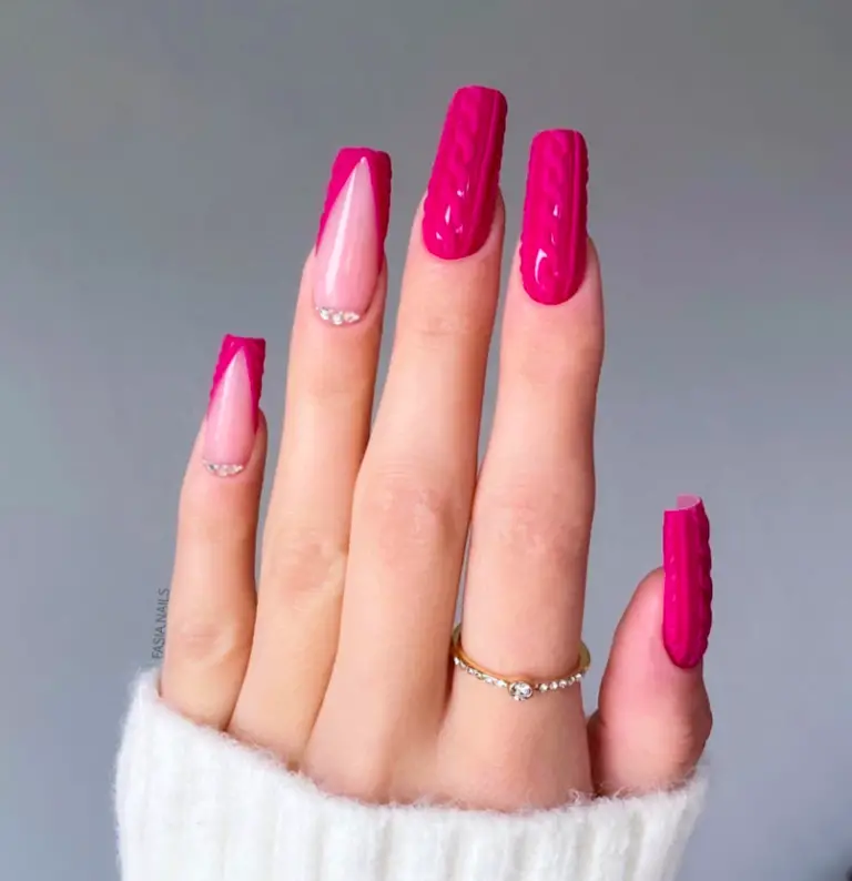 Pink Christmas Nail Designs: 30) Hot Pink Sweater Nails: Cozy and Cute