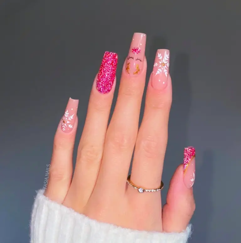 Pink Christmas Nail Designs: 37) Pink Reindeer: Because Once Wasn't Enough