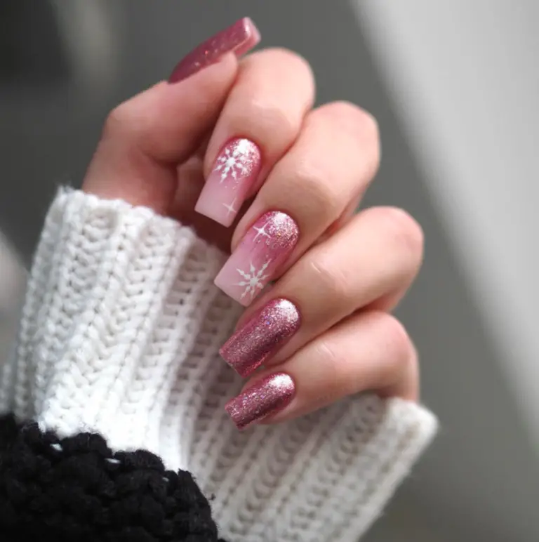 Pink Christmas Nail Designs: 3) Glitter Blizzard: Let It Snow, Sparkle, and Shine