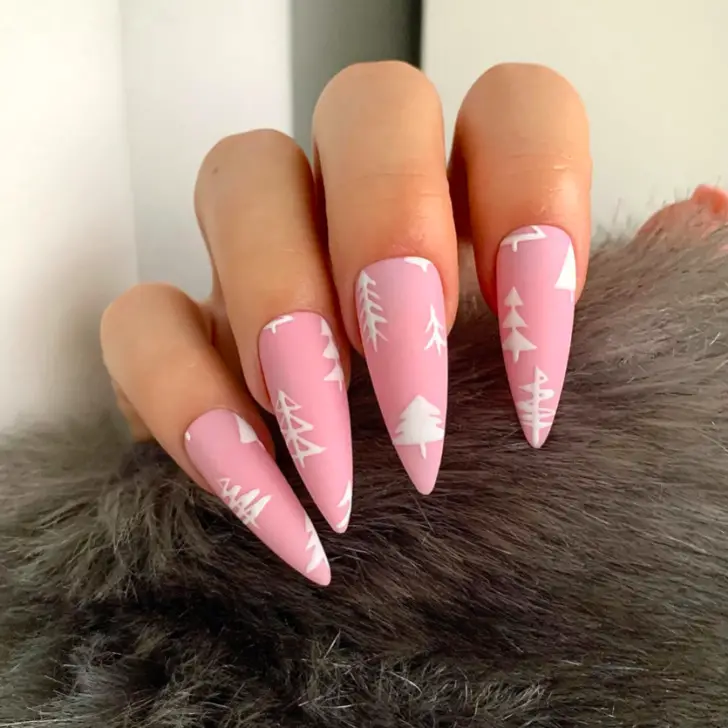 Pink Christmas Nail Designs: 4) Pink Christmas Trees: Trimmed in Glam