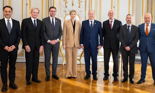 Princess Charlene wore cashmere and wool blend blazer by Chloe. Chloe wool and cashmere blend-wide-leg-pants