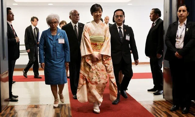 Princess Kako wore an authentic traditional Japanese kimono dress at the Japanese Cultural Center in Lima