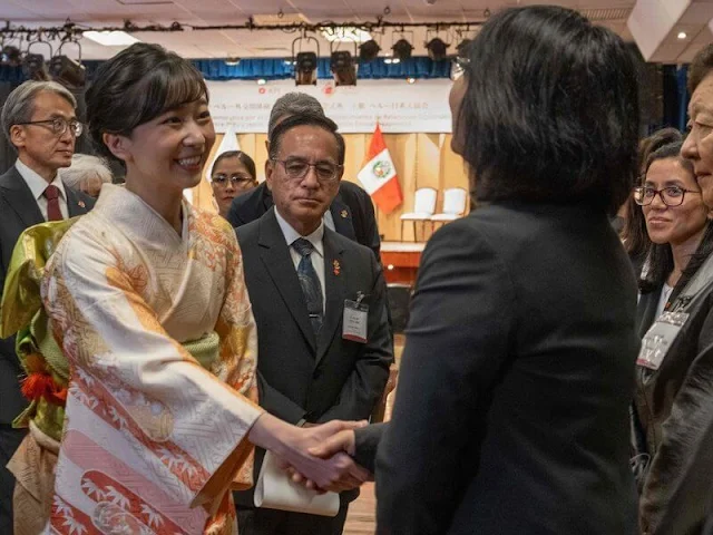 Princess Kako wore an authentic traditional Japanese kimono dress at the Japanese Cultural Center in Lima