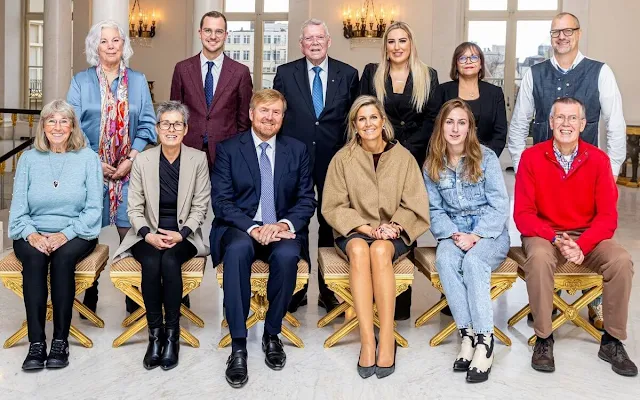 Queen Maxima wore a  beige jacket, navy top and, navy and beige skirt from Natan Couture at Noordeinde Palace