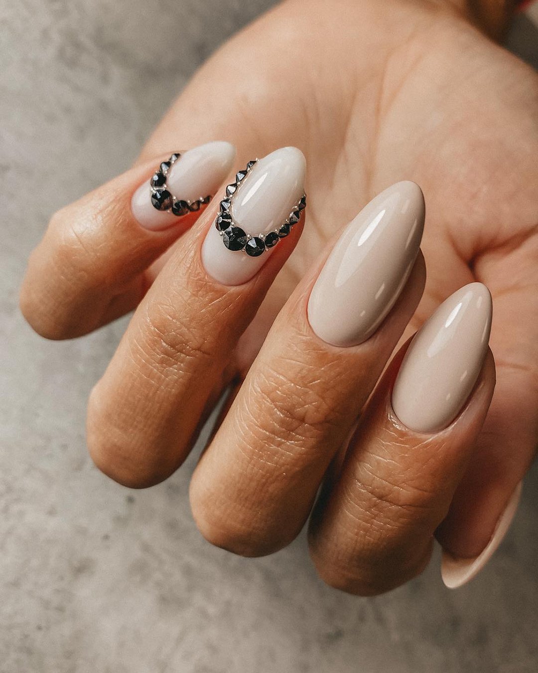 Wedding Nail Ideas 2024 /nail ideas for wedding simple nude with black rhinestones shabalina_nails