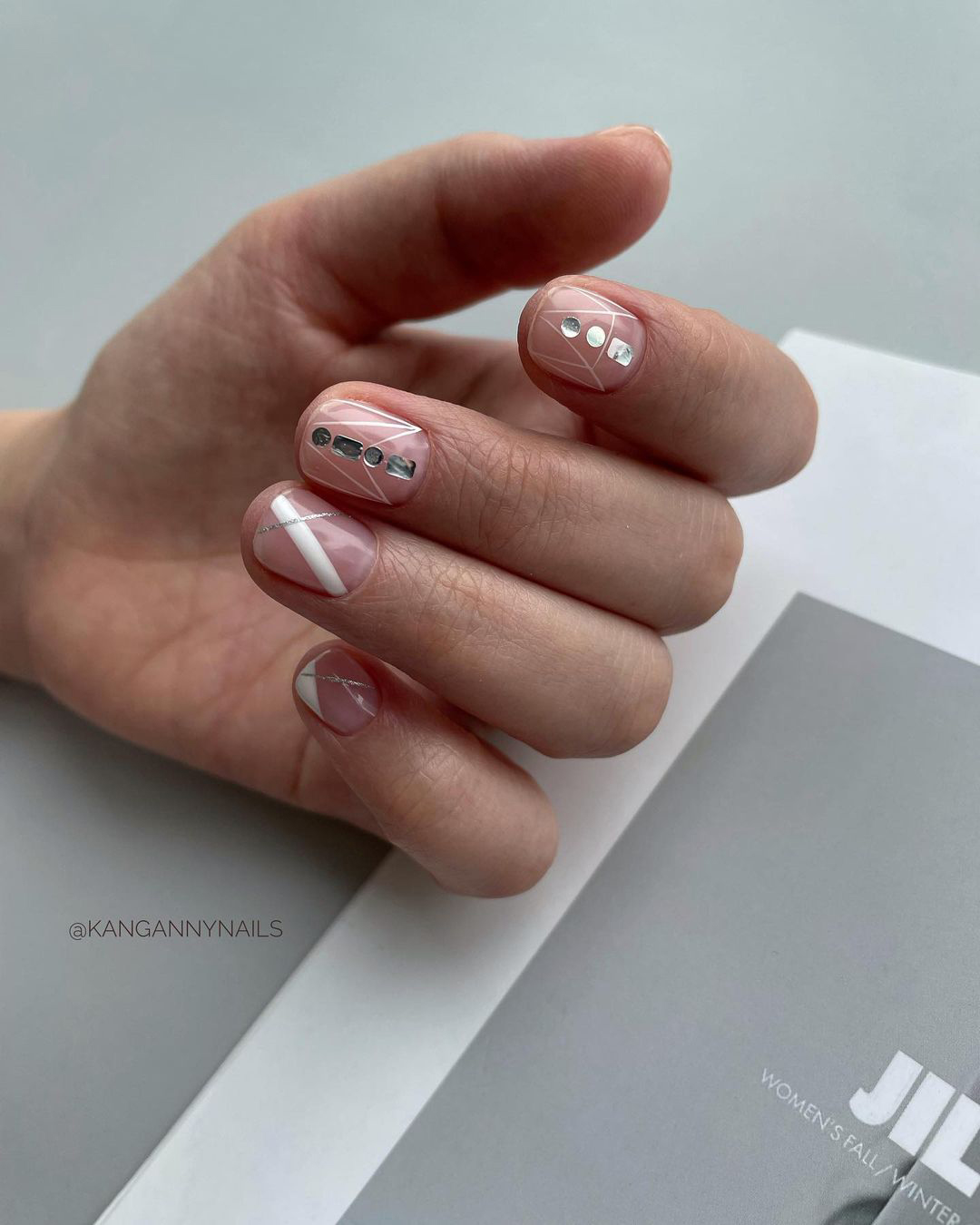 Wedding Nail Ideas 2024 / nail ideas white with stripes and stones kangannynails