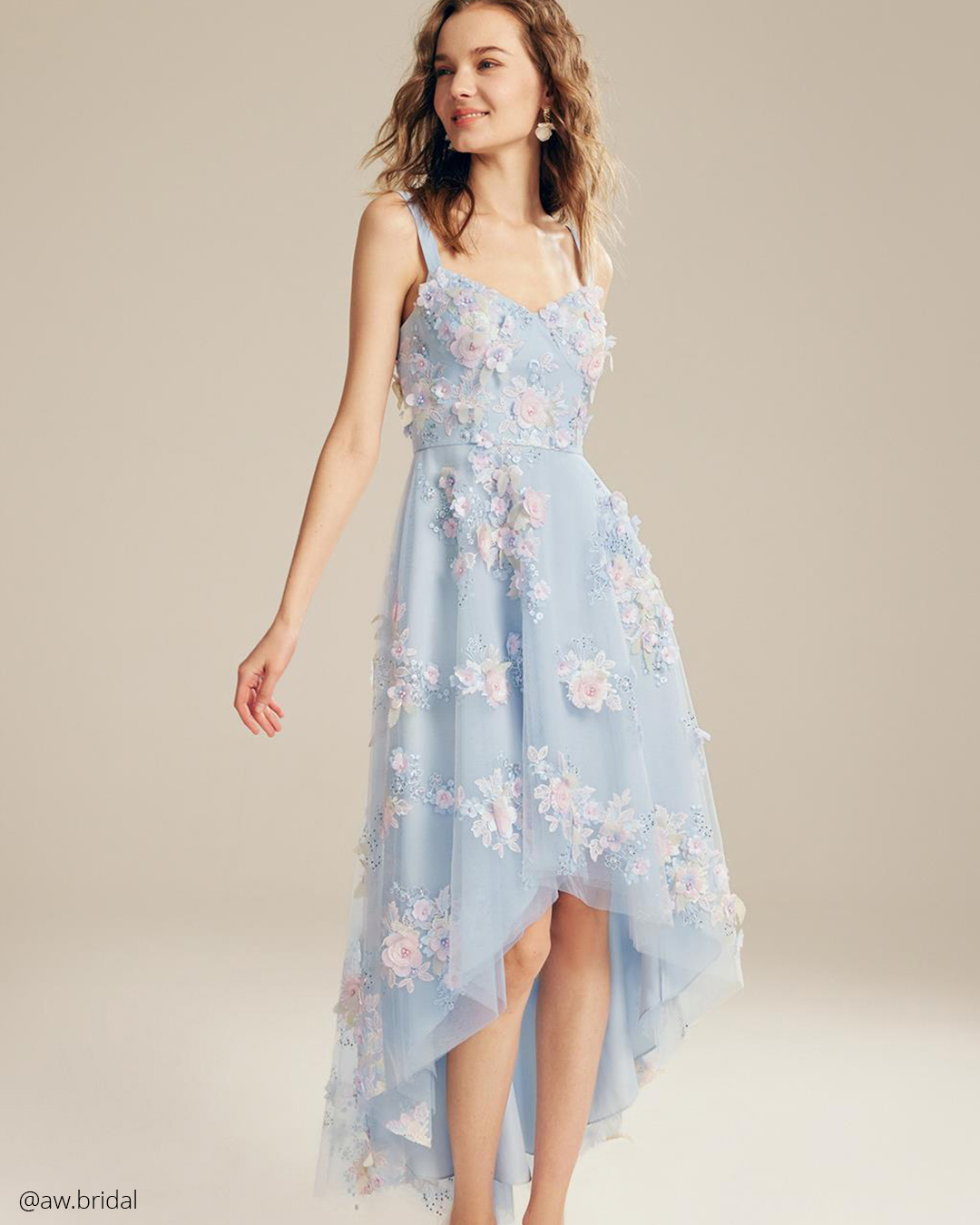 wedding guest outfit high low blue with floral appliques awbridal