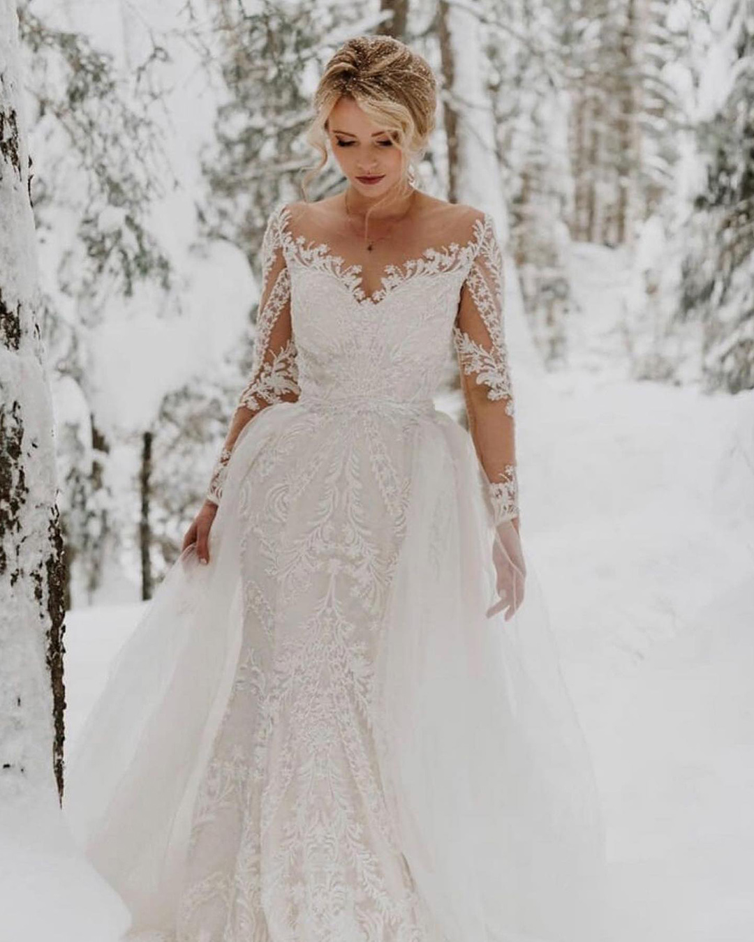 winter wedding dresses outfits mermaid with overskirt lace oksana mukha